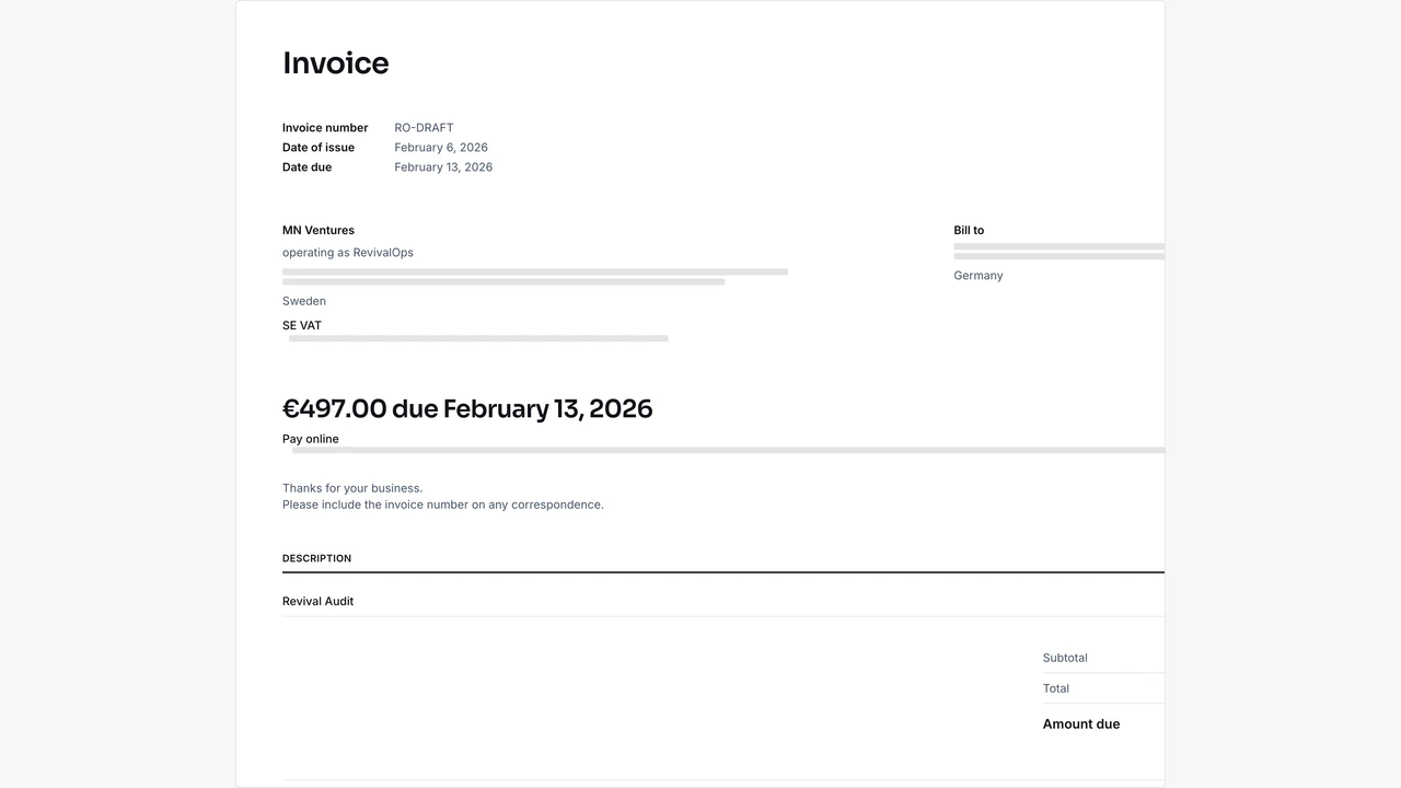 Invoice PDF preview (redacted template)